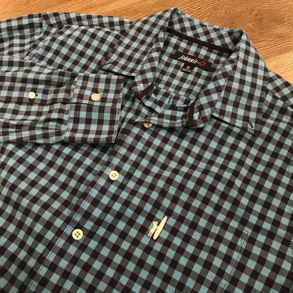 Johnnie-O Mens Medium Gingham Blue Button Shirt‎